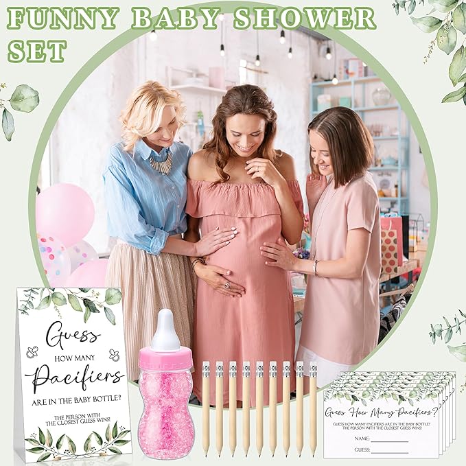 Roowest 512 Pcs Baby Shower Games Guess How Many Pacifiers Sign 100 Small Guessing Games 10 HB Pencils 750ml Milk Bottle 400 Acrylic Pacifiers Decoration for Guest Gender Reveal(Pink,Plant)