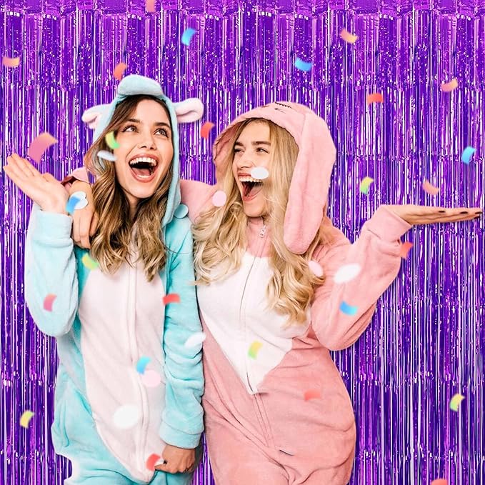 3 Pack Purple Foil Fringe Curtains Backdrop, 3.28 x 8.2 Ft Metallic Streamers Tinsel Curtains Background for Photo Booth, Birthday, Halloween, Christmas, Thanksgiving, New Year Party Decorations