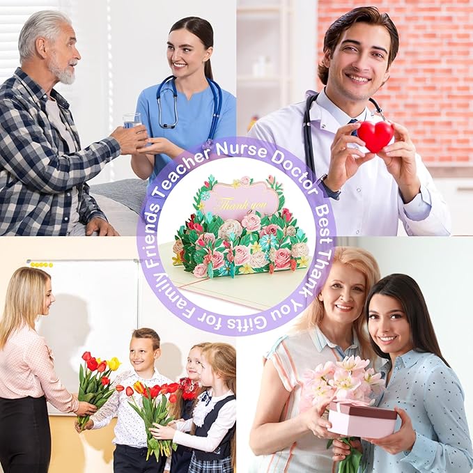 3D Flowers Thank You Card - Rose Thank You Pop Up Card with Envelopes for Family Friends Colleague Teacher Doctor Nurse Appreciation Gifts
