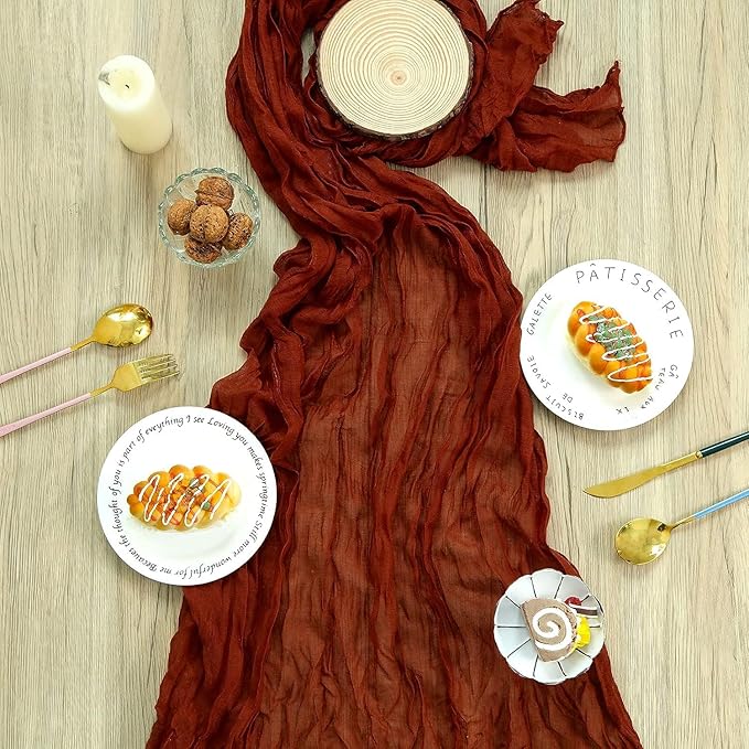 12 Pack Cheesecloth Table Runner, 35x120 Inch Terracotta Table Runners Rustic Burnt Orange Cheese Cloth Boho Gauze Semi-Sheer Runner for Wedding Baby Shower Fall Thanksgiving Home Decor