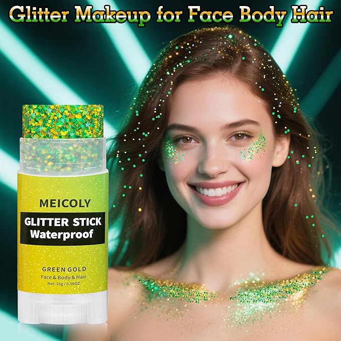 MEICOLY Gold and Green Face Glitter Stick,Hair Glitter Stick for Kids and Women,Green and Gold Spirit Wear Alien Makeup Accessories,Sparkle Body Glitter Makeup for Mardi Gras Carnival Festival Party