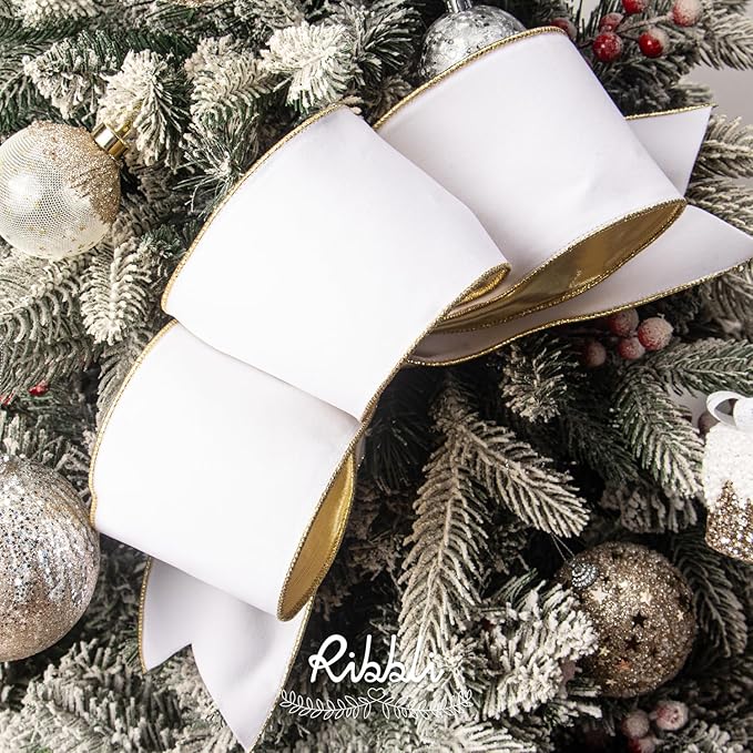 Ribbli White Velvet Wired Ribbon 4 Inch Luxury Matte Velvet Christmas Ribbon for Gift Wrapping Christmas Tree Decoration Crafts Wreaths Supplies - 10 Yards