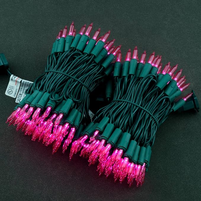 YULETIME Pink LED Christmas Lights 200 Count 50 ft, Pack of 2 Strands 25 ft 100 Lights UL Certified String Light Set (Pink)