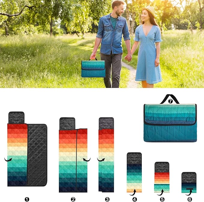 Waterproof Picnic Blankets,79''x79'' Extra Large Foldable Sandproof Beach Blanket,Portable 3-Layer Polyester Outdoor Picnic Blanket for Grass Lawn,Beach,Family Camping,Park,Travel-Rainbow Stripe