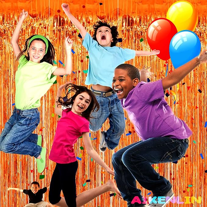4 Pack Orange Foil Fringe Curtain Backdrop, 3.2Ft x 9.8Ft Metallic Tinsel Foil Fringe Streamers Curtains for Party, Photo Booth Prop, Birthday, Wedding, Christmas Party Decoration Supplies
