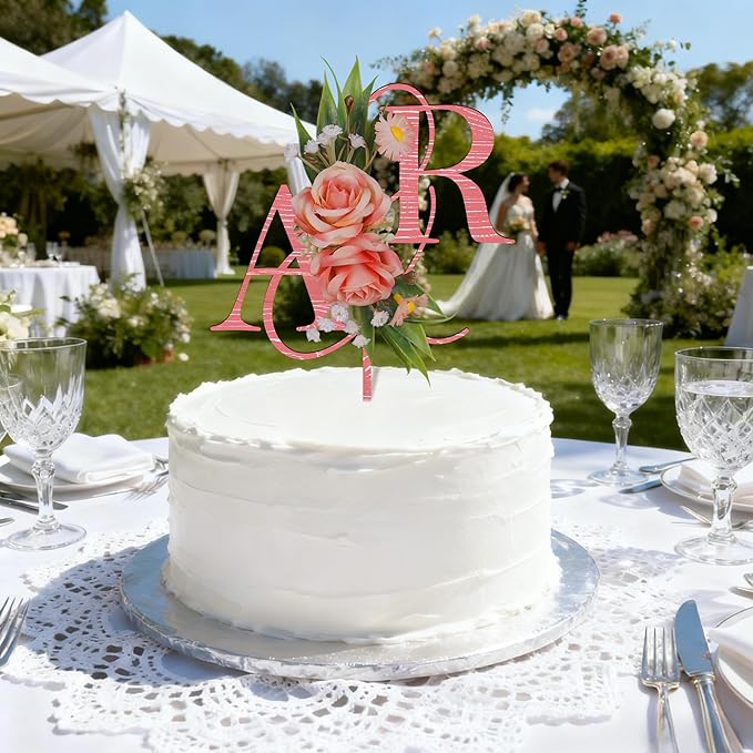 Wedding Cake Topper with 3D Artificial Flowers and Green Leaves Custom Initials Personalized Wooden Anniversary Cake Decoration (Pink)