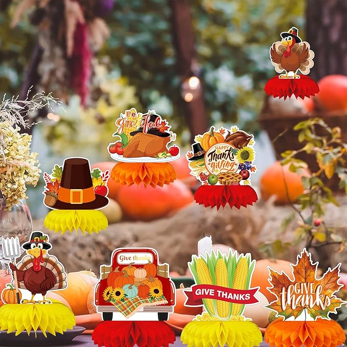 9PCS Thanksgiving Honeycomb Centerpiece Turkey Pumpkin Maple Leaves Honeycomb Thanksgiving Table Centerpiece for Thanksgiving Table Decoration Fall Autumn Theme Birthday Party Supplies