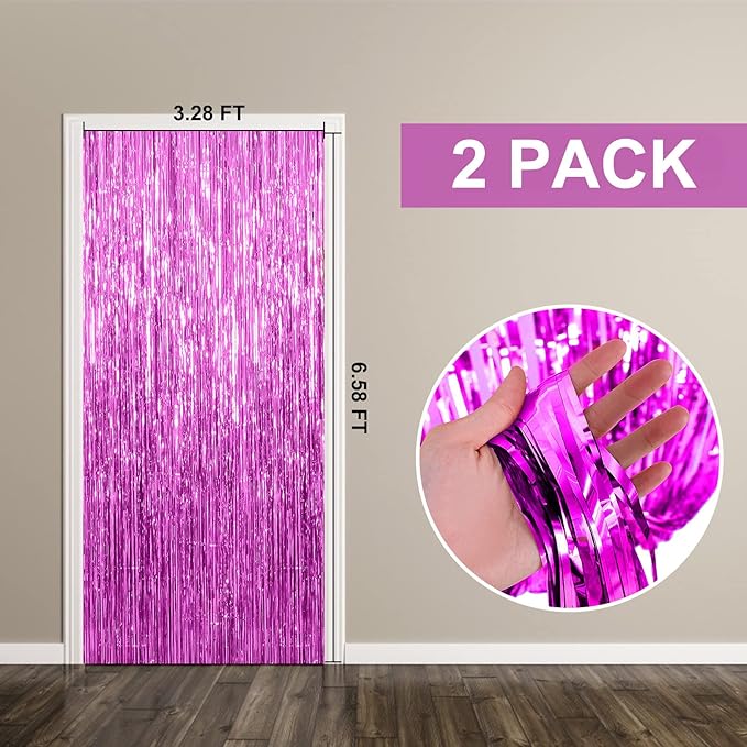 2 Pack Hot Pink Backdrop Curtain Party Streamers Hot Pink Birthday Decorations Foil Fringe Photo Backdrop Party Supplies Fiesta Grad Theme Decorations