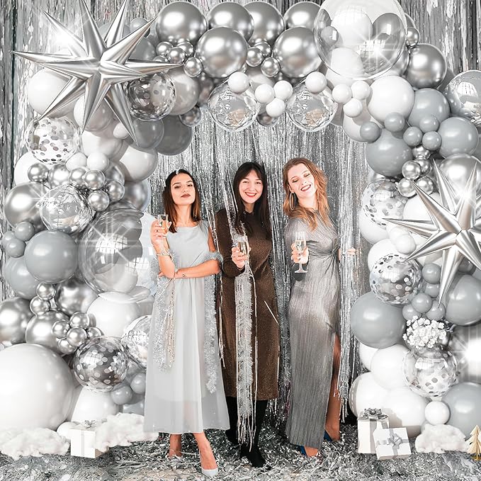 White Silver Balloons Garland Arch Kit, 113pcs White Grey Clear Balloons, Confetti Silver Explosion Star 4D Foil Balloons for Winter Wonderland Holiday Christmas Birthday Ice Snow Party Decorations