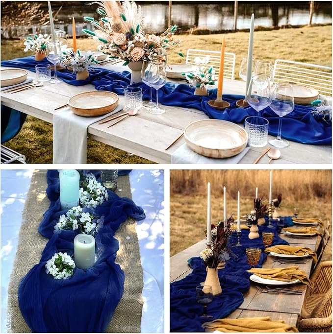 6 Pack Royal Blue Cheesecloth Table Runner 10FT Boho Gauze Fabric Table Runner 35 x 120 Inch Rustic Sheer Runner for Wedding Decor Baby Shower Party Boho Table Decoration