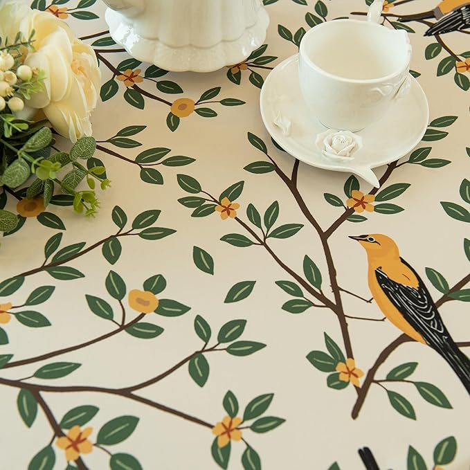 French Tablecloth Waterproof, Kumquat and Oriole Vintage Style Print – Stain Resistant, Washable Fabric Table Cover for Dining, Kitchen, Party, Vibrant Nature-Inspired Home Decor, 60" Round