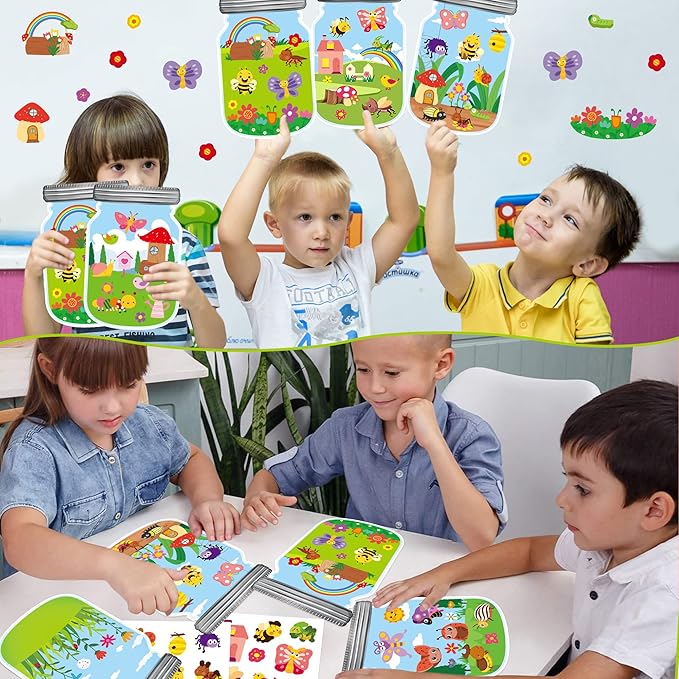 CY2SIDE 12PCS Summer Bugs Stickers Scene for Kids, Make A Bug Jar Sticker Scene with Butterfly Bee Ladybug Flower, Make Your Own Insect Stickers with Jar Scene, DIY Summer Party Games Class Activities