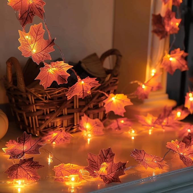 Dazzle Bright 2 Pack Thanksgiving Maple Leaf String Lights, Total 20FT 40 LED Battery Operated Lighted Fall Leaves Garland, Halloween Decorations for Indoor Outdoor Autumn Harvest Decor