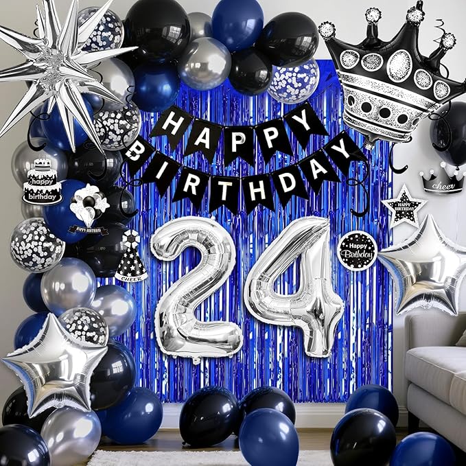 24th Birthday Decorations for Men and Women, Black Blue Silver Happy Birthday Number 24 Balloons, Banner, Fringe Curtains Garland Kit - 24 Year Old Party Supplies