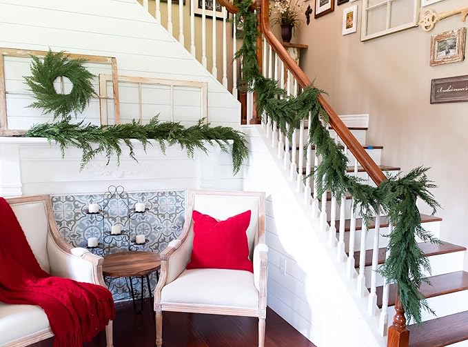 9ft Extra Full Real Touch Cedar Garland Artificial Realistic 9 ft, Faux Cedar Garland Realistic, Thick Realistic Christmas Garland for Mantle, Stairs, Table, Real Touch Garlands Fireplace