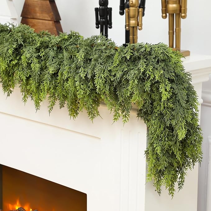 Waydress 1 Pcs 18ft Christmas Cedar Garland Artificial Realistic Faux Green Cedar Pine Garland for Home Fireplace Indoor Outdoor Holiday Party Decoration