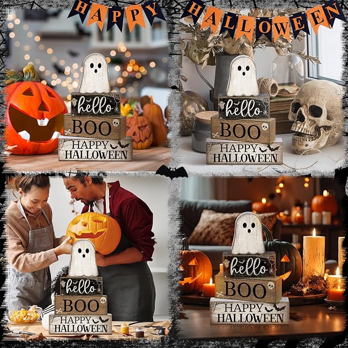 4 Pcs Halloween Table Decoration Wooden Ghost Tiered Tray Decor Rustic Wood Surprised Ghost Block Signs Halloween Centerpiece Farmhouse for Home Tabletop Kitchen Shelf and Party Gift