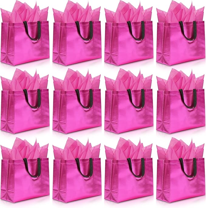 KeerxunBag 12Pcs Reusable Gift Bags(Includes Tissue Paper) Gift bag with handle Birthdays Parties Holidays Weddings Medium 13x5x11in Magenta gift Bags