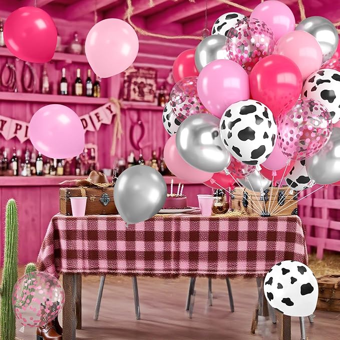 Cowgirl Balloons,12 Inch Cow Print Hot Pink Light Pink and Silver Balloons with Confetti Balloon for Farm Cowgirl Bridal Shower Bachelorette Birthday Party Decorations