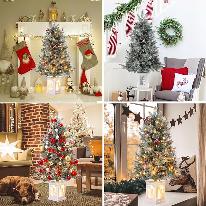 GarveeHome 3ft Prelit Christmas Tree with 78 Warm Lights & Red Berry, Artificial Xmas Trees with Snowman Light Box Base, for Home, Office, Fireside Christmas Decoration, Set of 1
