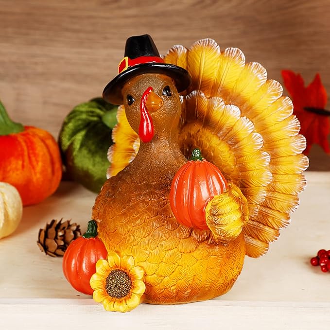 SAND MINE Thanksgiving Turkey Tabletop Centerpiece Decor, Resin Turkey Decoration for Autumn Fall Thanksgiving Harvest Home Decorations