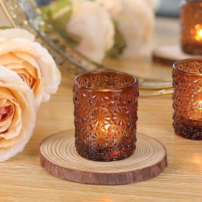 Amber Votive Candle Holder Set of 36, Flower Tea Lights Candles Holders for Wedding Table Centerpieces, Birthday Parties, Anniversary, Bridal Shower and Holiday Decorations