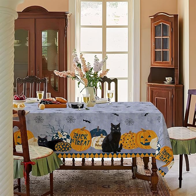 Halloween Waterproof Tablecloth – Spooky Pumpkin, Black Cat, Bat & Spider Web Design – Gray Holiday Table Cover for Party, Dining, and Home Decor, W60 x L102 in