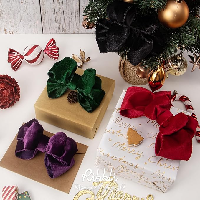 Ribbli Purple Velvet Wired Ribbon 2.5 Inch Velvet with Satin Christmas Ribbon for Gift Wrapping Christmas Tree Decoration Crafts Wreaths Supplies-Continuous 10 Yards