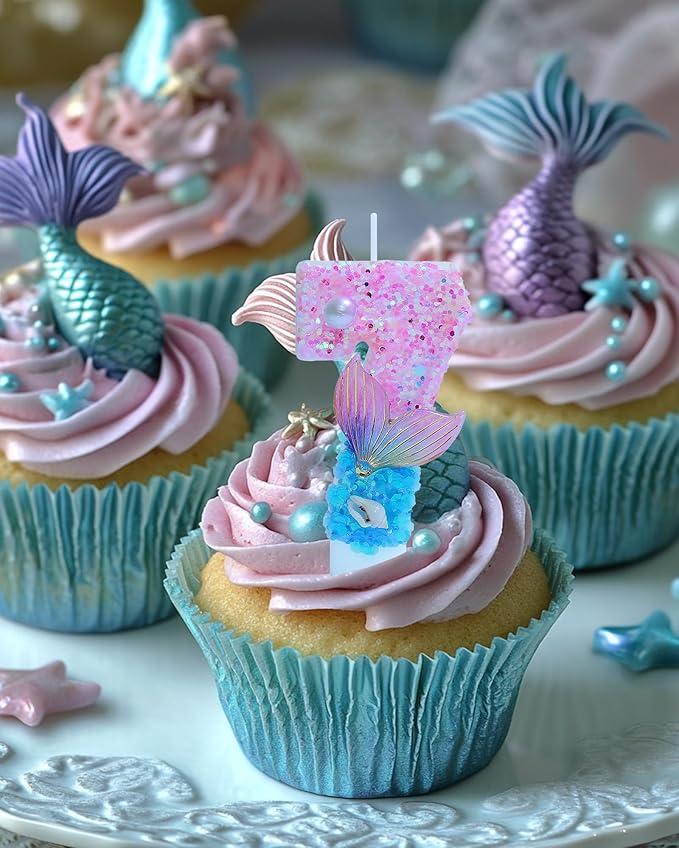 Mermaid Themed Birthday Candles, Number 7 Girls Glitter Birthday Party Supplies,Anniversary Party Decor,2.87 inch Cake Topper Decorations (Mermaid Themed, Number 7)
