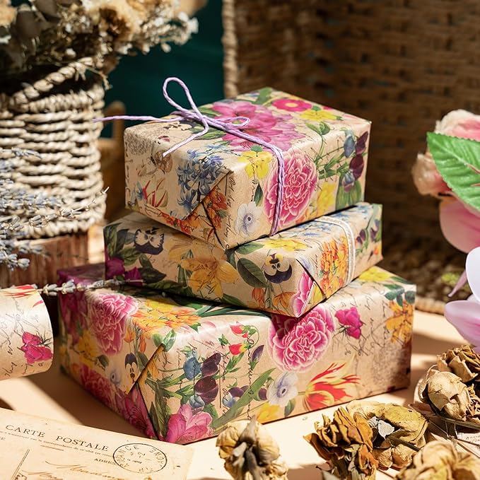 WRAPAHOLIC Kraft Floral Wrapping Paper - Mini Roll - 3 Rolls - 17 Inch x 120 Inch - All Occasion Vintage Flower and Sunflorwer Design for Wedding Bridal Shower Birthday