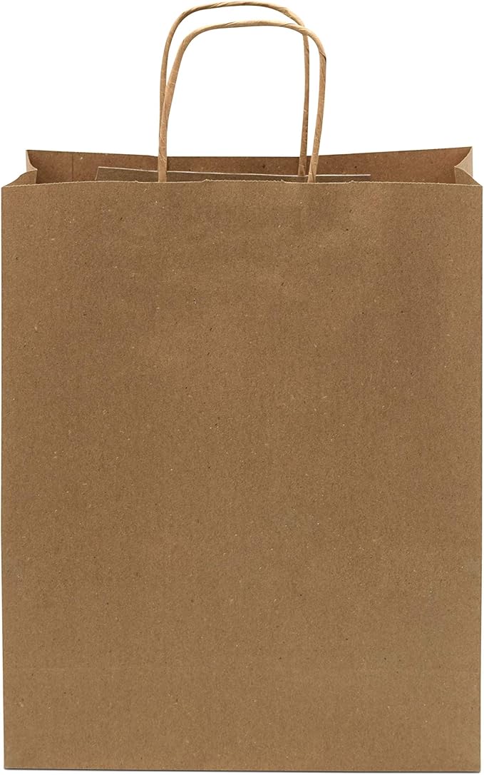 Prime Line Packaging Brown Paper Bags with Handles, Medium Kraft Gift Bags for Small Business, Shopping, Boutiques, Retail Store, Bulk, 10x5x13, 100 Pack