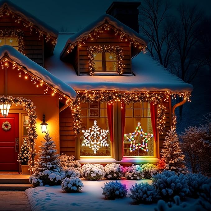 Christmas Window Silhouette LED Lights Decorations, Pack of 2 Sign Lighted snowflake and pentagram Christmas Window Lights with 50 Bulbs for Holiday Indoor Wall Door Glass Decor,Christmas window decor