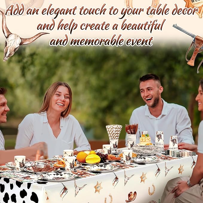 452 Pcs Western Birthday Party Decorations for 50, Western Cowboy Paper Plates Cups Napkins Tablecloth Cutlery Straws Cowboy Tableware for Wild West Horse Rodeo Birthday Party Supplies