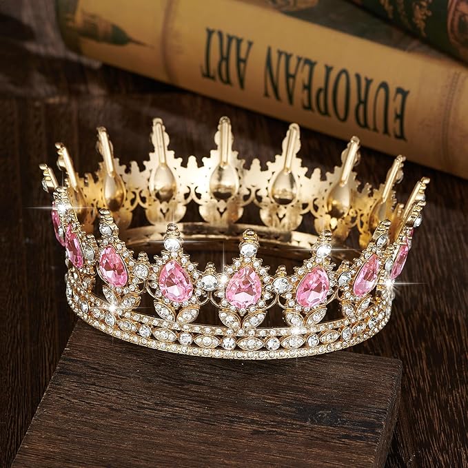 Queen Crown Rhinestone Wedding Crowns and Tiaras for Women Costume Party Hair Accessories Princess Birthday Crown Crystal Bridal Crown (Gold & Pink Crown)