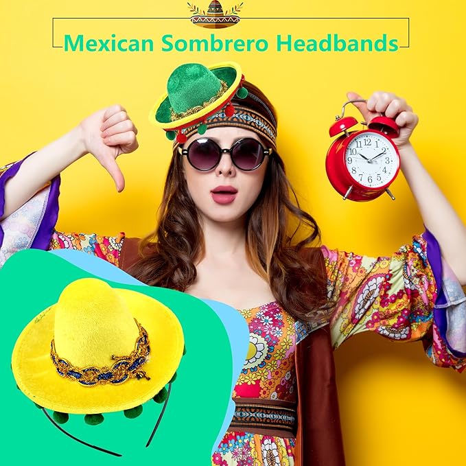 8 Pack Cinco De Mayo Fiesta Fabric and Straw Sombrero Headbands Sombrero Party Hats Cinco De Mayo Fiesta Sombrero Headband for Mexican Theme Party Decorations