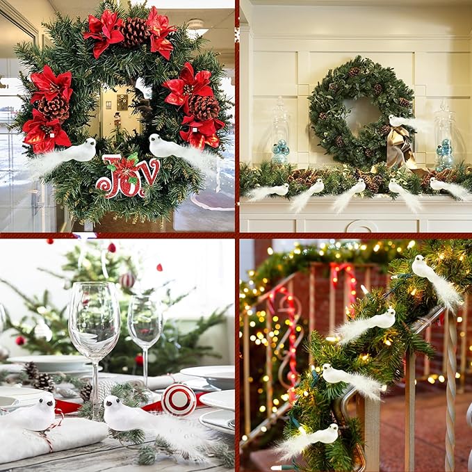 12 Pcs Artificial Christmas Dove Birds with Clip, White Feather Xmas Tree Ornaments Wreath Flower Arrangement Supplies for Party Wedding Decor DIY Craft Gifts