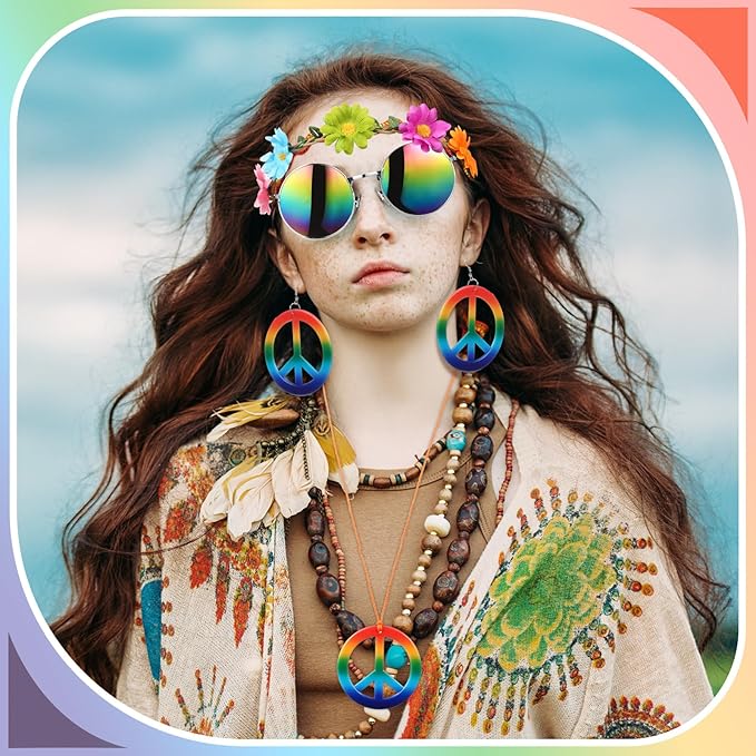 Batiyeer 6 Pcs Hippie Costume Accessories Set, Boho Peace Sign Daisy Flower 60s 70s Party Favors Decor for Groovy Party Women(Rainbow)
