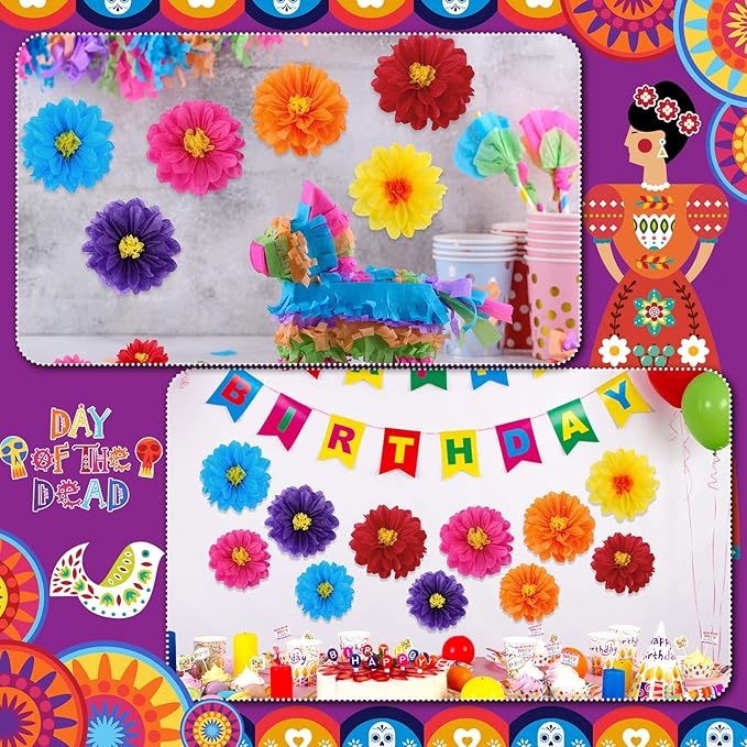 Geyee 18 Pcs Mexican Paper Flowers Colorful Fiesta Tissue Paper Flowers Pom Poms Mexican Carnival for Floral Party Backdrop Wedding Birthday Party Craft (6" 8" 10")