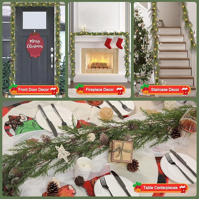 Artgar Pine Garland Realistic, 6 FT Cedar Garlands, Christmas Garland with 30 Warm Lights with 8 Light Modes, Garland Christmas Decorations for Mantels Stair Table Decor (Green)