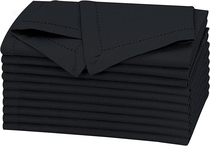 Ruvanti Premium Linen Napkins Set of 4-20x20 Inch, Classic Hemstitch, Mitered Corner Cloth Napkins - Soft, Elegant Dinner Napkins Cloth Washable for Weddings, Parties, Everyday Use - Black