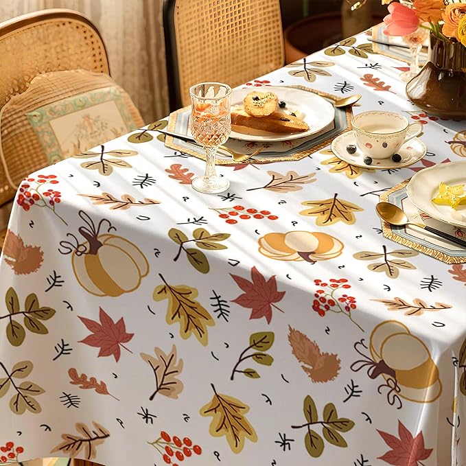 Thanksgiving Waterproof Tablecloth – Fall Harvest Pumpkins, Maple Leaves & Berries Print – Autumn Rectangle Table Cover for Dining or Party, White, W60 x L02 in