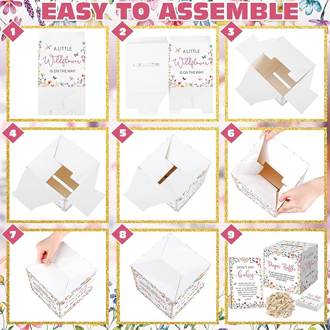 102 Pcs Baby Shower Game Supplies Diaper Raffle Tickets with Diaper Raffle Card Box Don't Say Baby Sign Mini Clothespin Baby Shower Game Decor for Baby Shower Gender Reveal(Wildflower)