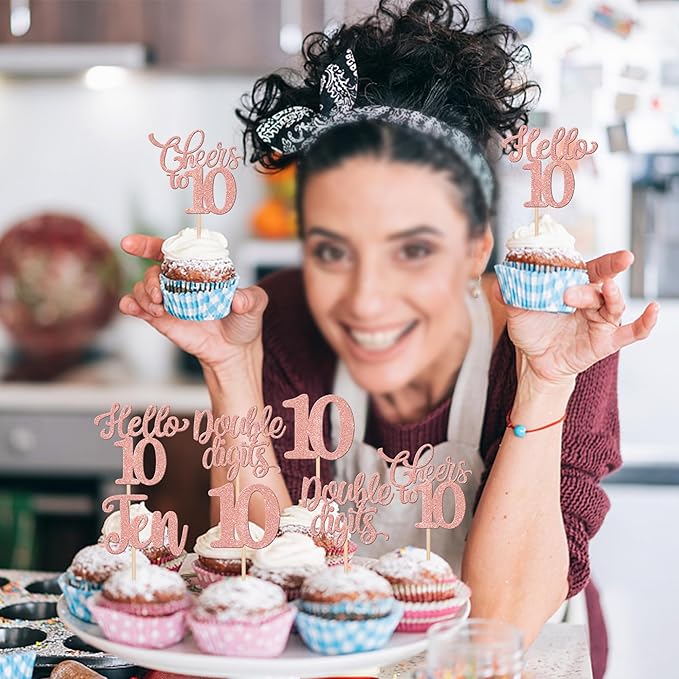 30PCS Happy 10th Birthday Cupcake Toppers Glitter Ten Double Digits Hello 10 Cupcake Picks Cheers to 10 Birthday Decorations for 10th Birthday Anniversary Party Cake Decorations Supplier Rose Gold