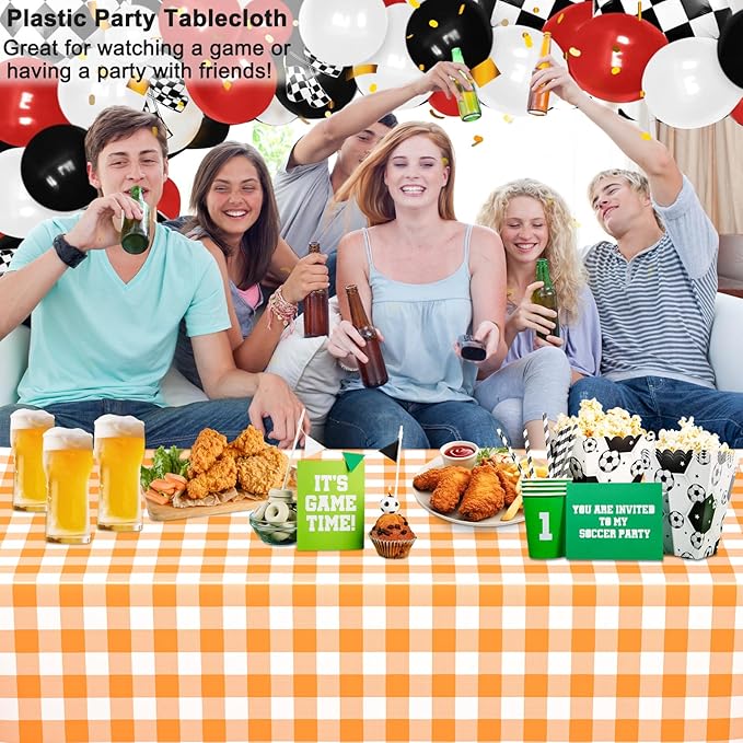 WNINK 2 Pack Orange and White Checkered Rectangular Plastic Tablecloths, Orange Gingham Waterproof Disposable Table Covers 54" x 108" for Birthday, Wedding, Outdoor Picnic Camping Parties