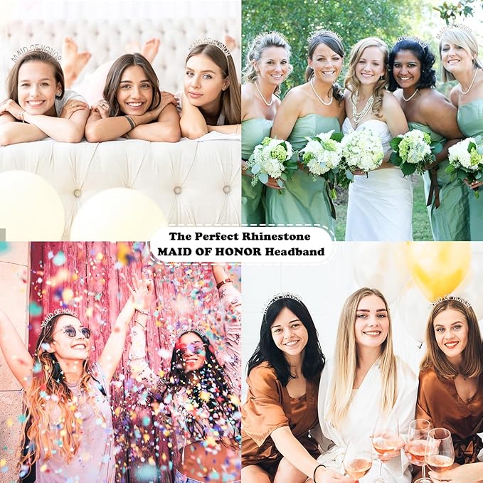 Silver MAID OF HONOR Headband Bachelorette Party Decorations Rhinestone Bridesmaid Headbands for Bridal Shower, Bachelorette Party, Wedding