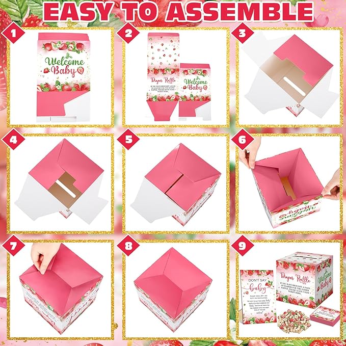 102 Pcs Baby Shower Game Supplies Diaper Raffle Tickets with Diaper Raffle Card Box Don't Say Baby Sign Mini Clothespin Baby Shower Game Decor for Baby Shower Gender Reveal(Strawberry)