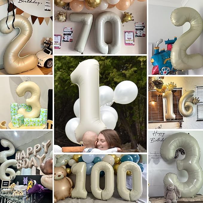 Smlpuame 40 Inch Beige Number 10 Balloons for 10th Birthday Decorations Boys Girl, Giant Self-Sealing Cream Foil Number 0-10 White Sand Balloon for Women Men Party Anniversary Baby Shower Supplies