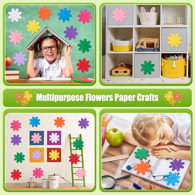MixTeach 200 Pcs Colorful Flower Cutouts Paper Daisy Shape Cut-Out Summer Flower Die Cuts 4 Inch Bulletin Board Decorations with Glue Points for Classroom Back to School Office Wall Decor DIY Craft