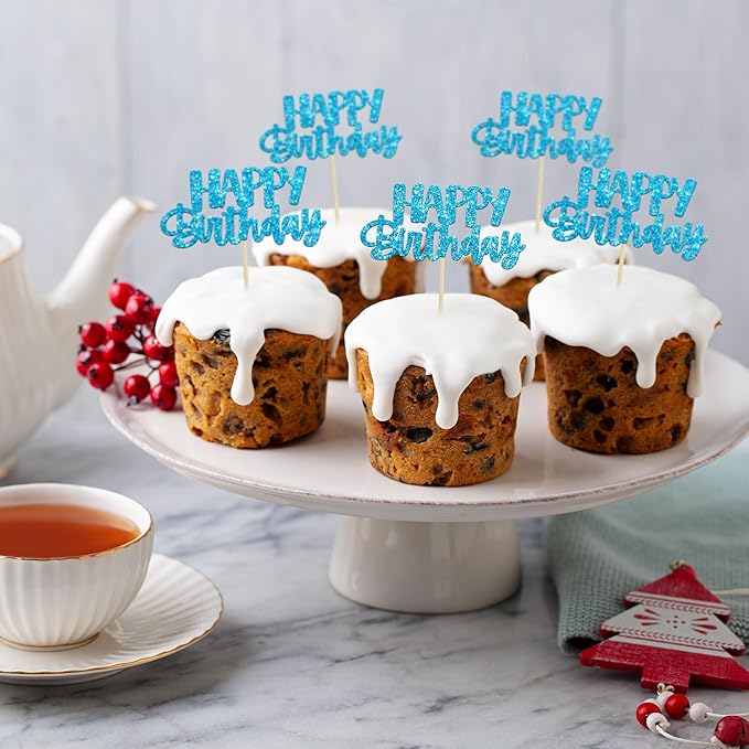 Gyufise Happy Birthday Cupcake Toppers Blue Glitter Birthday Cake Topper Picks Dessert Topper Decoration for Birthday Party Anniversary Celebration Pack of 24