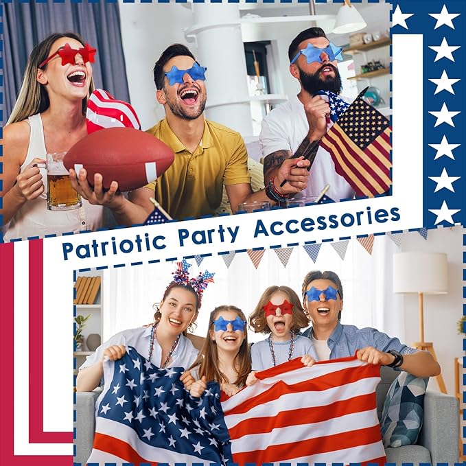 50 Pcs Red and White Holiday Team Spirit Party Accessories Pom Pom Party Headbands Star Shape Sunglasses Bead Necklaces Stuff Favors for Birthday Wedding Supplies( Independence Day)